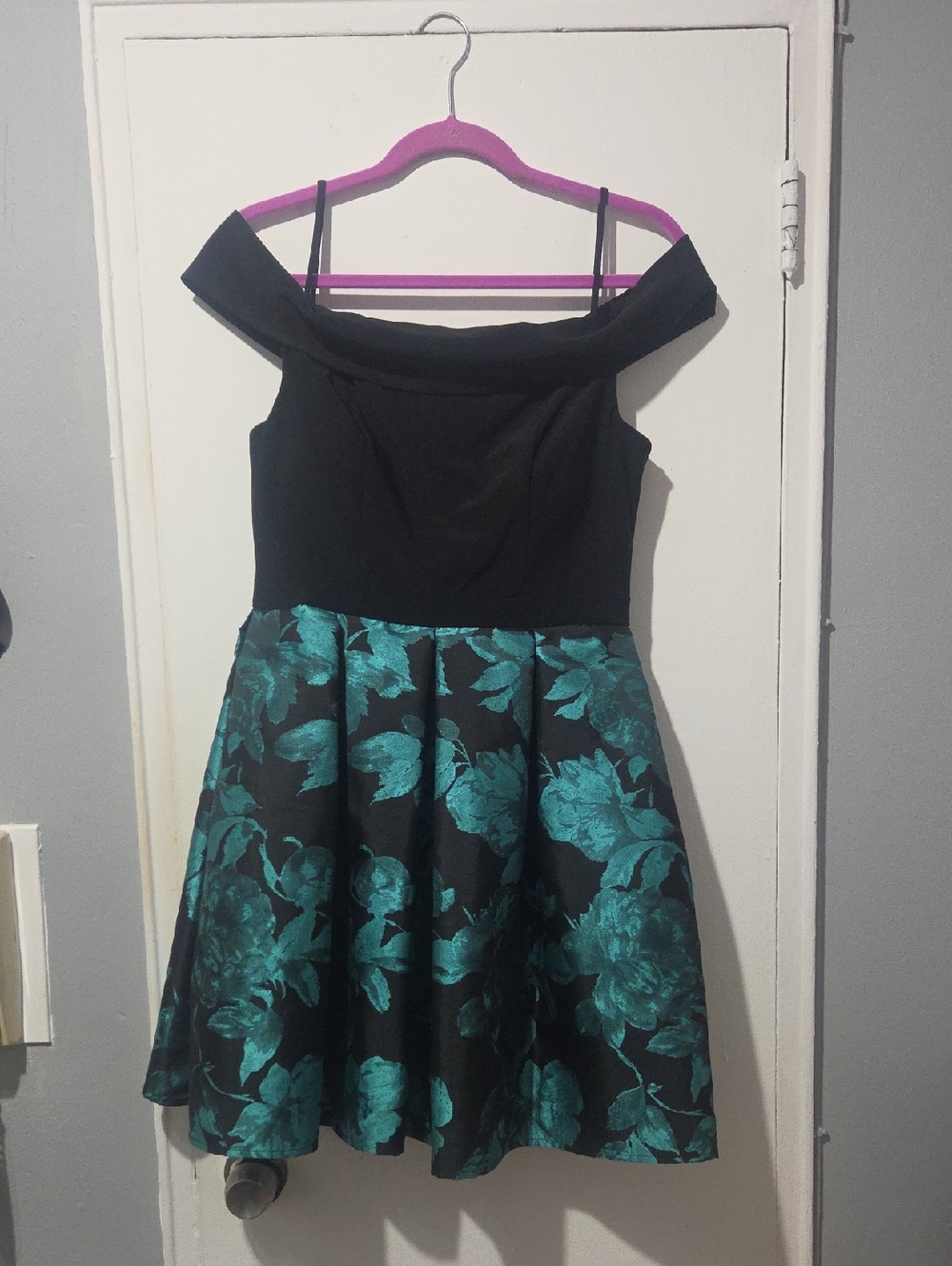 Black Off-Shoulder Dress with Teal Floral Skirt